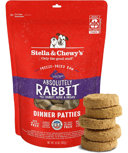 Stella & Chewy's, Dinner Patties Absolutely Rabbit Recipe Freeze Dried. 156, 397 y 709 gr.