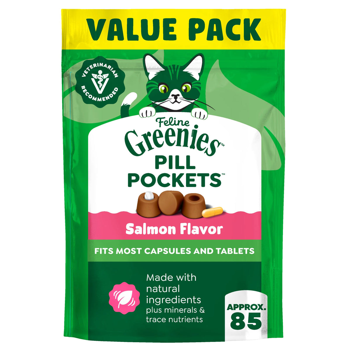 Greenies Pill Pockets gatos salmón, 85 premios, 3 oz, bolsa original