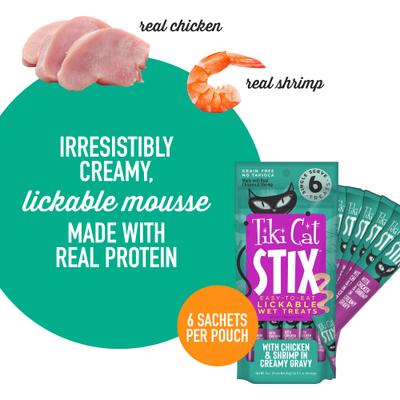 Bundle: Tiki Cat Velvet Mousse Variety Pack Grain-Free Wet Cat Food, 2.8-oz pouch, case of 12 + Tiki Cat Stix Chicken & Shrimp in Creamy Gravy Grain-Free Wet Cat Treat, 0.5-oz pouch, pack of 6