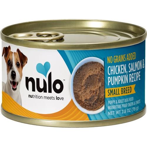 Nulo, Paté Small Breed Chicken & Shrimp, Pollo + Camarón + Camote + Calabaza con L-Carnitina, Sin Granos, Cachorros y Adultos, 79 g × 12 latas