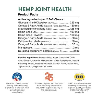 NaturVet, Hemp Soft Chews Joint, masticables articulares con glucosamina, MSM y cáñamo para gatos, 60 unidades