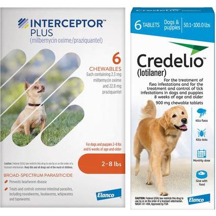Paquete: Tableta masticable Interceptor Plus para perros, de 2 a 8 lb (caja naranja), 6 tabletas masticables (suministro para 6 meses) y tableta masticable Credelio para perros, de 6.1 a 12 lb (caja rosa), 6 tabletas masticables (suministro para 6 meses)