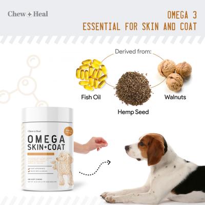 Bundle: Chew + Heal Anxiety & Stress, 60 count + Omega Skin + Coat Dog Supplement, 180 count