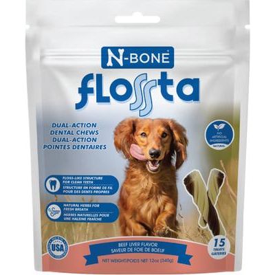 Masticables dentales para perros FLOSSta de doble acción con sabor a hígado de res, 8 unidades