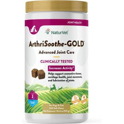 NaturVet, Advanced Joint Care ArthriSoothe-GOLD, masticables blandos con glucosamina, MSM y mejillón verde, sabor tocino y pollo para perros y gatos, 240 unidades
