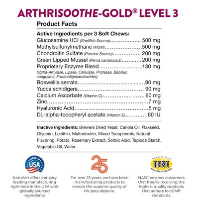 NaturVet, Advanced Joint Care ArthriSoothe-GOLD, masticables blandos con glucosamina, MSM y mejillón verde, sabor tocino y pollo para perros y gatos, 240 unidades