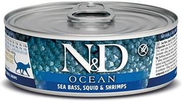 N&D Ocean Sea Bass & Squid & Shrimp Grain-Free Wet Cat Food, 2.46-oz can, case of 6