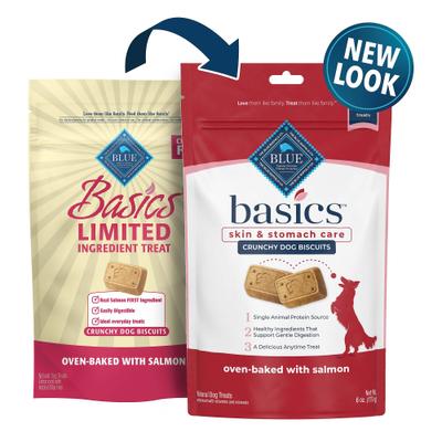 Galletas Basics Skin & Stomach Care, premios para perros con sabor a salmón y patata, bolsa de 6 oz, paquete de 2
