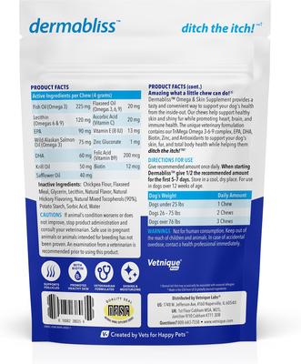 Dermabliss Omega Skin Health - Aceite de pescado con sabor a salmón, suplemento masticable suave para piel y pelaje de perros, 30 unidades