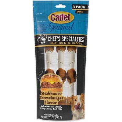 Especialidades del chef Brochetas de piel de res a la parrilla con sabor a mar y tierra, masticables para perros, grandes, 3 unidades