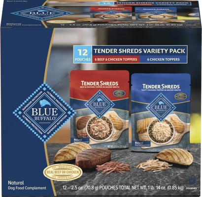 Tender Shreds Salmon & Chicken Toppers in Savory Broth, Wet Dog Food, 2.5-oz bag, 24 count