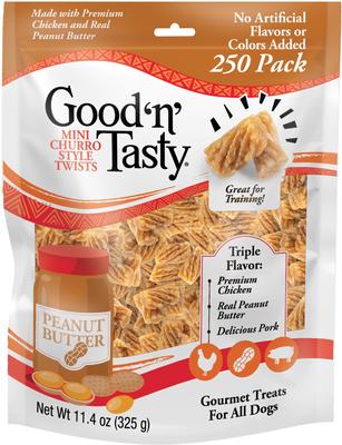 Triple Flavor Mini Churro Style Twists Chicken, Peanut Butter & Pork Gourmet Crunchy Dog Treats, 100 count