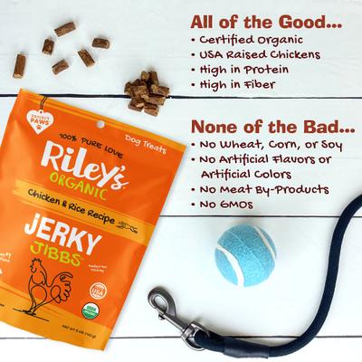 Premios para perros Jerky Jibbs con pollo y arroz, bolsa de 5 oz