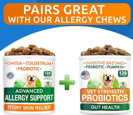 Vet Strength Probiotics Digestive Enzymes Prebiotics Fiber Chews Supplement for Dogs, 120 count