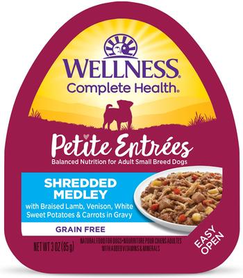 Complete Health Petite Entrees Alimento húmedo para perros adultos de razas pequeñas sin cereales con pollo, ternera, judías verdes y pimientos rojos desmenuzados, taza de 3 oz, caja de 12