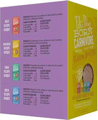 Paquete variado de bisque potenciador de sabor Born Carnivore, sin OMG, para alimento húmedo para perros, bolsa de 1.5 oz, caja de 12