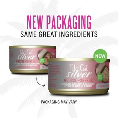 Alimento húmedo para gatos Silver Chicken, Salmon & Chicken Liver Mousse & Shreds sin cereales, lata de 2.4 oz, caja de 12