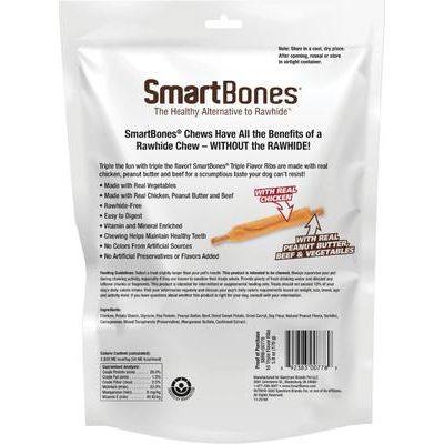 Costillas de triple sabor, pollo, ternera y mantequilla de cacahuete, premios para perros, 10 unidades