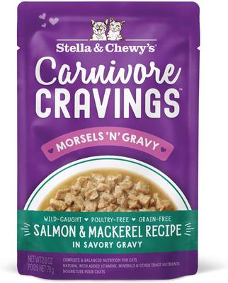Comida para gatos Carnivore Cravings Morsels'N'Gravy con receta de salmón y atún, bolsa de 2.8 oz, caja de 12
