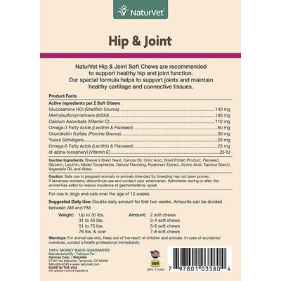 NaturVet, Hip & Joint Soft Chews, apoyo articular para perros y gatos, 120 masticables