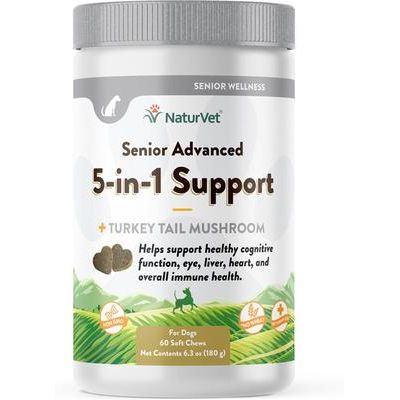 NaturVet, Advanced 5-in-1 Senior, masticables con hongo cola de pavo, ginkgo, cardo mariano, CoQ10 y luteína para perros mayores, 60 / 120 unidades