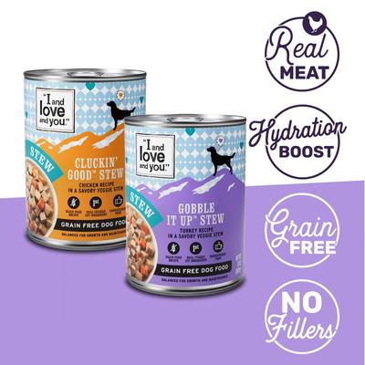 Comida enlatada para perros Cluckin' Good and Gobble it Up Stew Grain-Free Combo Pack, 13 oz, caja de 6