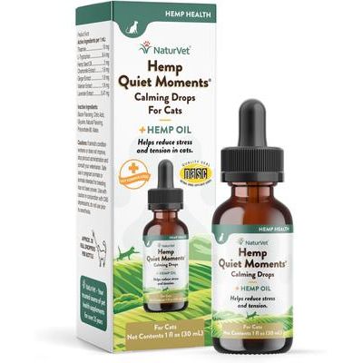NaturVet, Quiet Moments con aceite de semilla de cáñamo, gotas calmantes sabor tocino para gatos, 30 ml