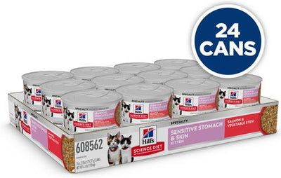 Comida húmeda para gatos Kitten Sensitive Stomach & Sensitive Skin, estofado de salmón y verduras, lata de 2.8 oz, 24 unidades