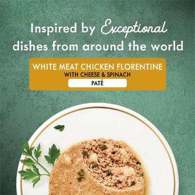 Comida enlatada para gatos Medleys White Meat Chicken Florentine con queso y paté de espinacas, 3 oz, caja de 24