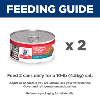 Alimento húmedo para gatos adultos de interior con mezcla de salmón y verduras picadas, lata de 5.5 oz, 24 unidades