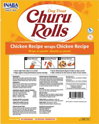 Churu Rolls - Receta de pollo - Golosinas suaves y masticables sin cereales para perros, 0.42 oz, paquete de 8