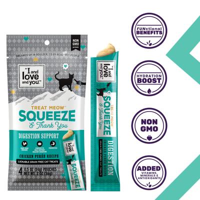 Treat Meow Digestion Support Chicken Puree - Golosinas para lamer para gatos, bolsa de 0.5 oz, caja de 96