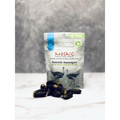Salchichas de avestruz sudafricanas con infusión de buchu, premios para perros, bolsa de 85 g