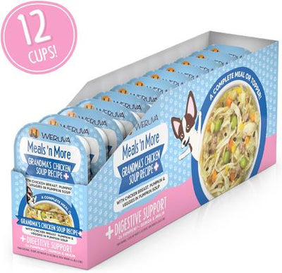 Comida húmeda natural para perros Meals 'n More, sopa de pollo de la abuela con apoyo digestivo, vaso de 3.5 oz, 12 unidades