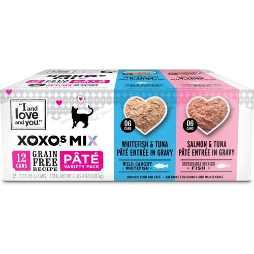 Comida enlatada para gatos XOXO Chicken & Beef Pate, sin cereales, paquete variado, lata de 3 oz, caja de 12