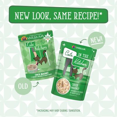 Comida para gatos sin cereales con receta de pollo y caballa Chick Magnet de Cats in the Kitchen, bolsa de 3 oz, caja de 12