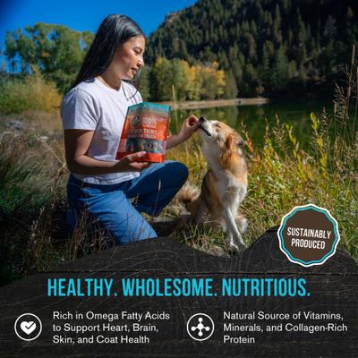 Golosinas deshidratadas para perros sin cereales con piel de salmón ahumado, bolsa de 4 oz