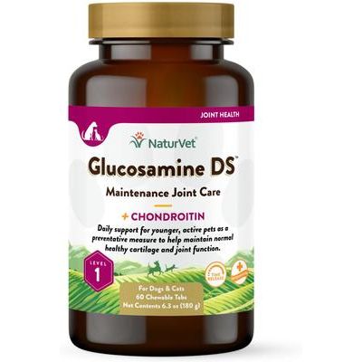 NaturVet, Maintenance Joint Care Glucosamine DS, glucosamina, condroitina y omegas para articulaciones de perros y gatos, tabletas y masticables, 60–240 unidades