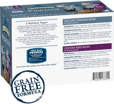 Wilderness Trail Toppers Wild Cuts - Alimento húmedo para perros con sabores de pollo y carne, paquete variado, bolsa de 3 oz, caja de 12