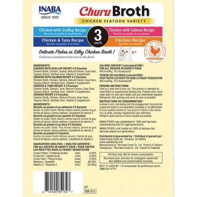 Premio para lamer para gatos Churu Broth Chicken Seafood, variedad de mariscos, bolsa de 1.4 oz, 12 unidades
