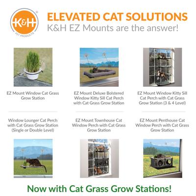 EZ Mount Deluxe Bolstered Kitty Sill with Cat Grass Grow Station Cat Window Perch, Gray