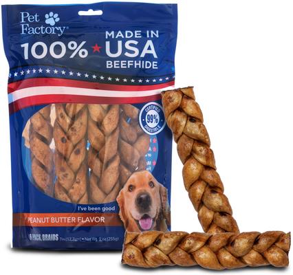 Beefhide 7-inch Braided Sticks Peanut Butter Flavored Dog Hard Chews, 2 count