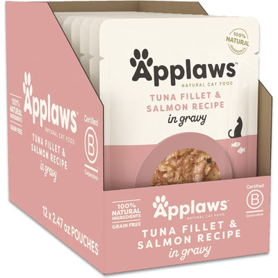Alimento Húmedo, Hojuelas de Atún with Salmón Sockeye en Gravy. 70 g, caja de 12. - Applaws