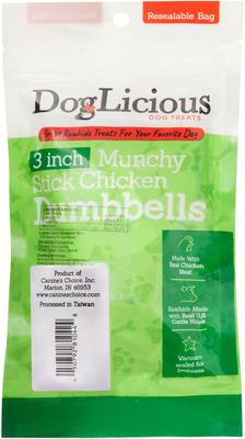 Golosinas de cuero crudo para perros DogLicious Munchy Stick Chicken Dumbbells de 7,6 cm