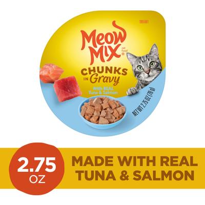 Comida húmeda para gatos Chunks in Gravy con atún y salmón real, vaso de 2.75 oz, caja de 12