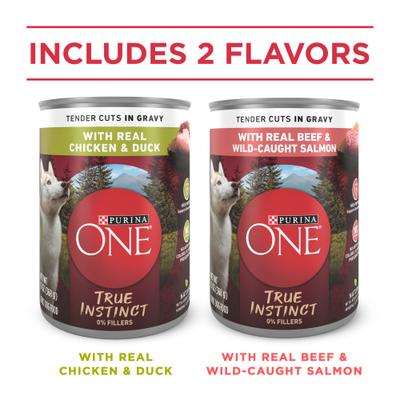 True Instinct Variety Pack High Protein Tender Cuts in Gravy Chicken & Duck, Beef & Salmon Wet Dog Food, 13-oz can, case of 12