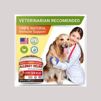 Alivio de alergias y picazón con suplemento masticable de aceite de pescado Omega 3 para piel y pelaje de perros, 120 unidades