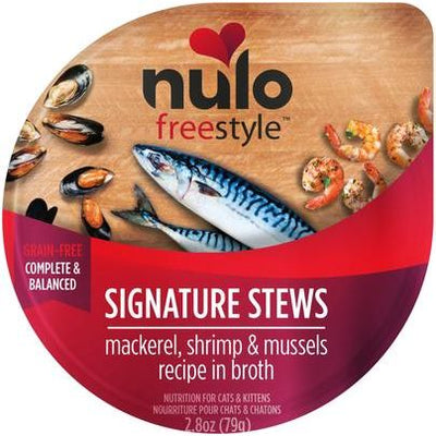 Nulo, FreeStyle Signature Stews Mackerel, Shrimp & Mussels, Caballa + Camarones + Mejillones en Caldo, Gatos y Gatitos, 80 g × 24 bandejas