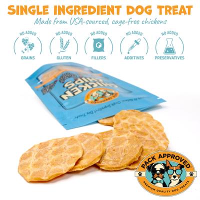 Galletas deshidratadas de pollo con chips para perros, bolsa de 4 oz