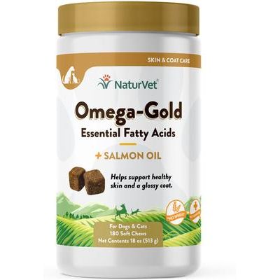 NaturVet, Omega-Gold Skin & Coat, masticables con omega-3, omega-6, DHA y EPA para perros y gatos, sabor tocino y pollo, 90 / 180 unidades